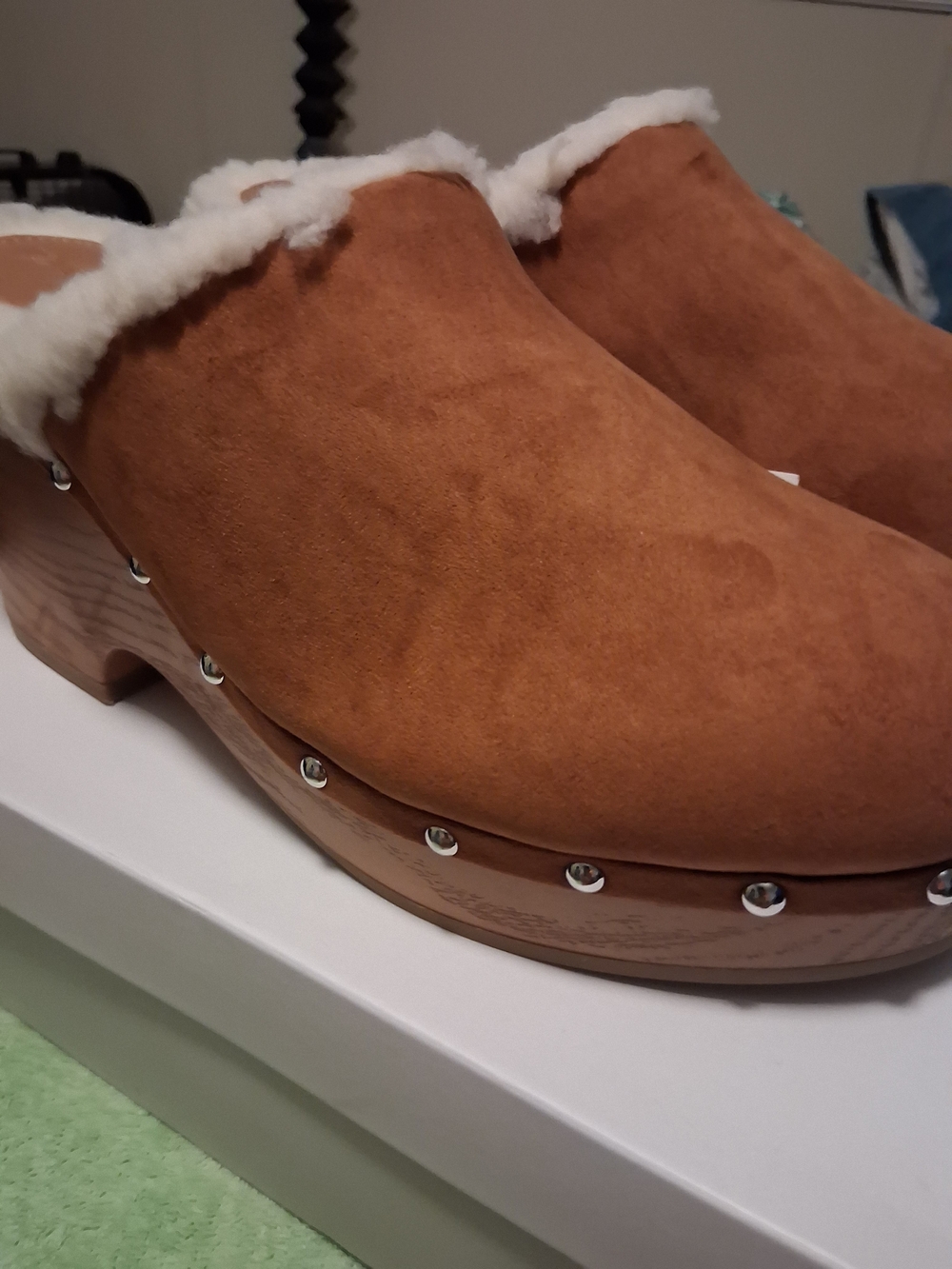 Francine Cognac Suede Faux-Shearling Clog Mule in Chestnut - Women's US Size 11